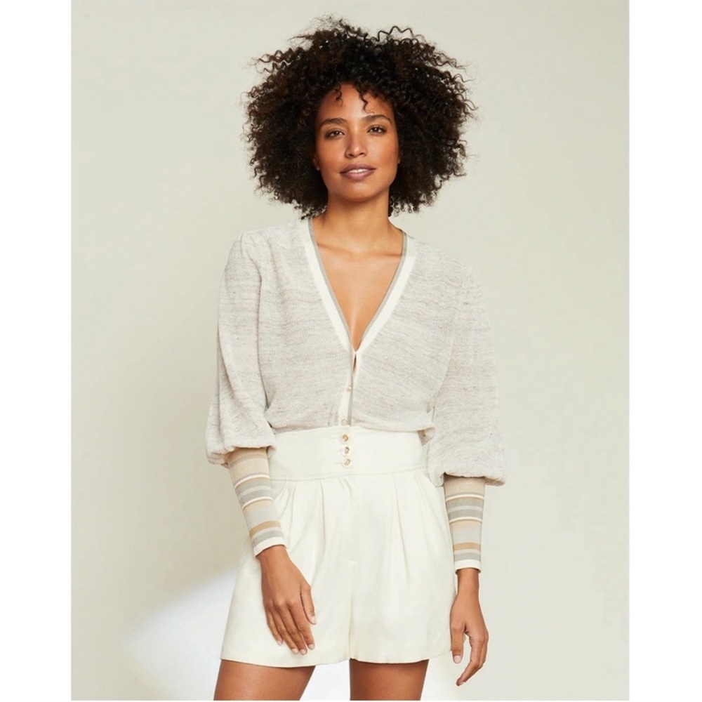 Veronica Beard Mott Linen Cardigan Oatmeal Neutral Sporty Striped Cuff Preppy XS